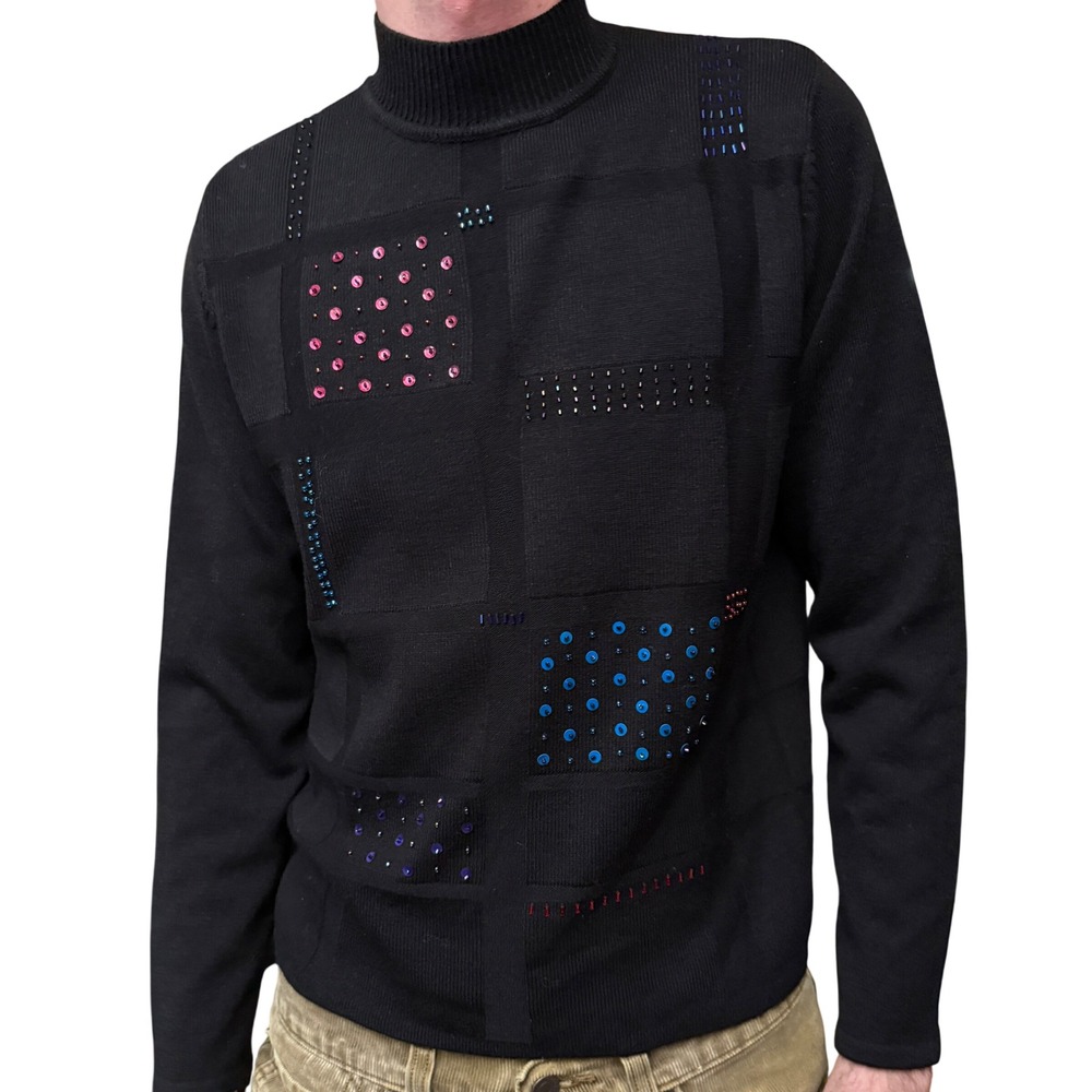 Glam Black Mock Neck Patchwork Beaded Sequin Sweater Women's Size S